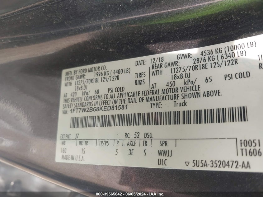 2019 Ford F-250 Xl VIN: 1FT7W2B68KED81581 Lot: 39565642