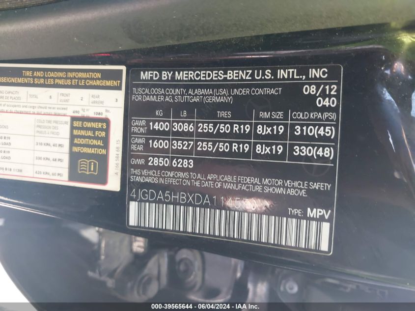 2013 Mercedes-Benz Ml 350 4Matic VIN: 4JGDA5HBXDA114570 Lot: 39565644