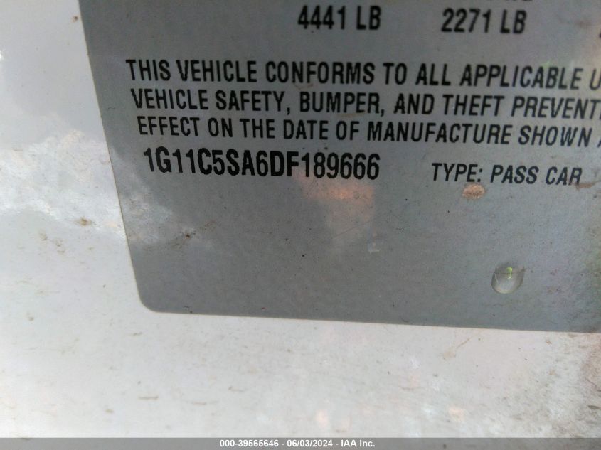 2013 Chevrolet Malibu 1Lt VIN: 1G11C5SA6DF189666 Lot: 39565646