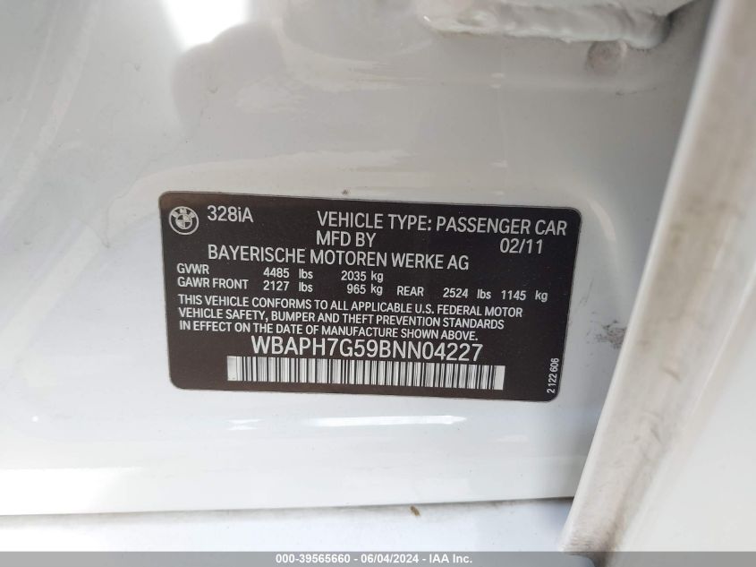 2011 BMW 328I VIN: WBAPH7G59BNN04227 Lot: 39565660