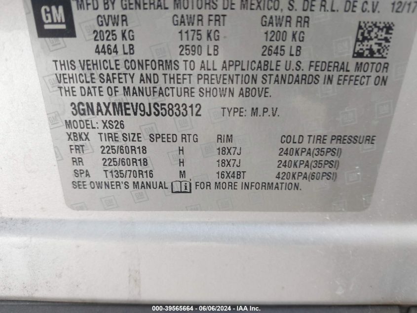 2018 Chevrolet Equinox Premier VIN: 3GNAXMEV9JS583312 Lot: 39565664