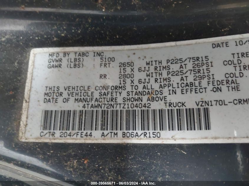 1996 Toyota Tacoma Xtracab VIN: 4TAWN72N7TZ104042 Lot: 39565671