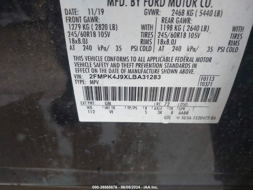 2020 Ford Edge Sel VIN: 2FMPK4J9XLBA31283 Lot: 39565676