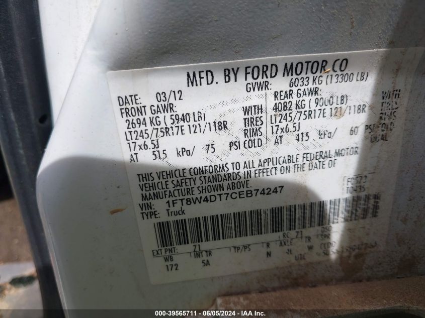 2012 Ford F-450 Lariat VIN: 1FT8W4DT7CEB74247 Lot: 39565711