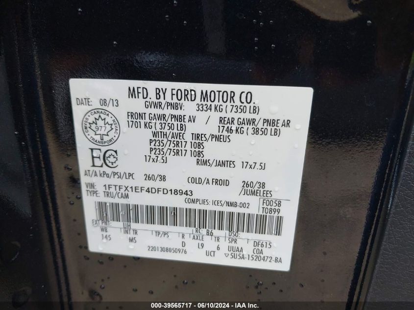 2013 Ford F-150 Xlt VIN: 1FTFX1EF4DFD18943 Lot: 39565717