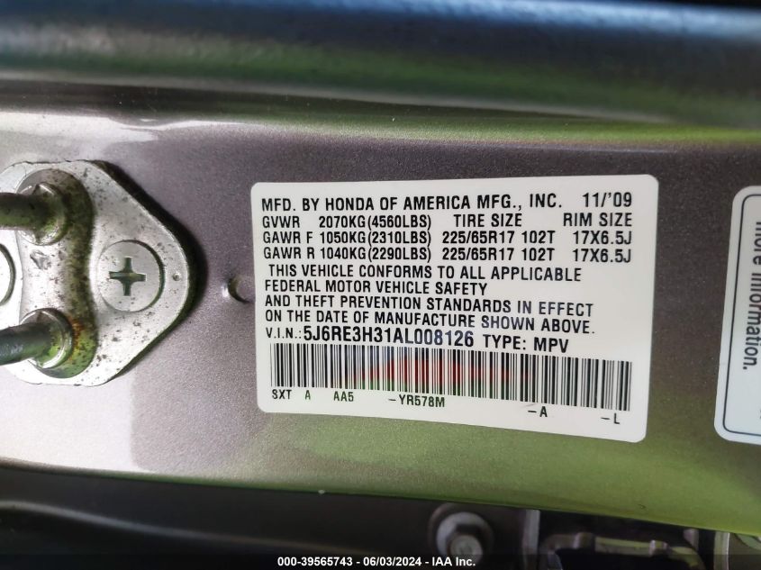 2010 Honda Cr-V Lx VIN: 5J6RE3H31AL008126 Lot: 39565743