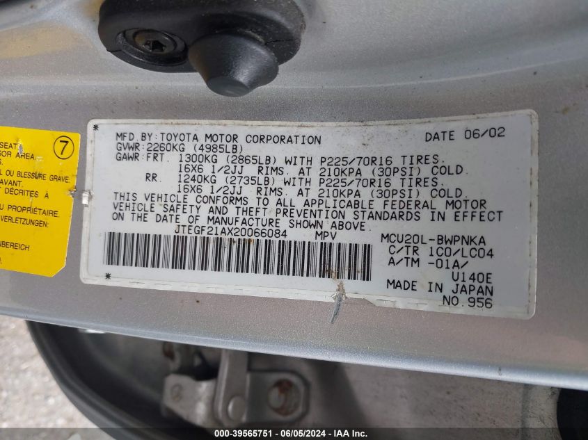 2002 Toyota Highlander Limited V6 VIN: JTEGF21AX20066084 Lot: 39565751