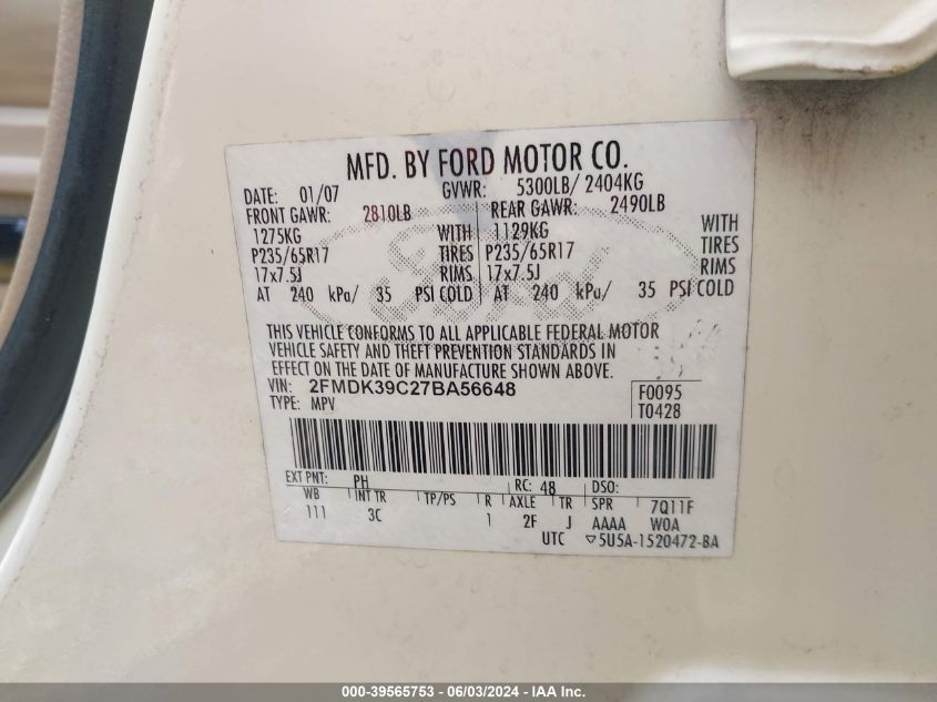 2007 Ford Edge Sel Plus VIN: 2FMDK39C27BA56648 Lot: 39565753