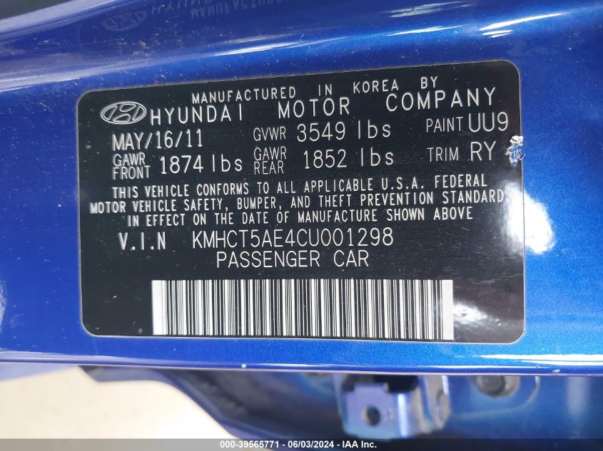 2012 Hyundai Accent Gs VIN: KMHCT5AE4CU001298 Lot: 39565771