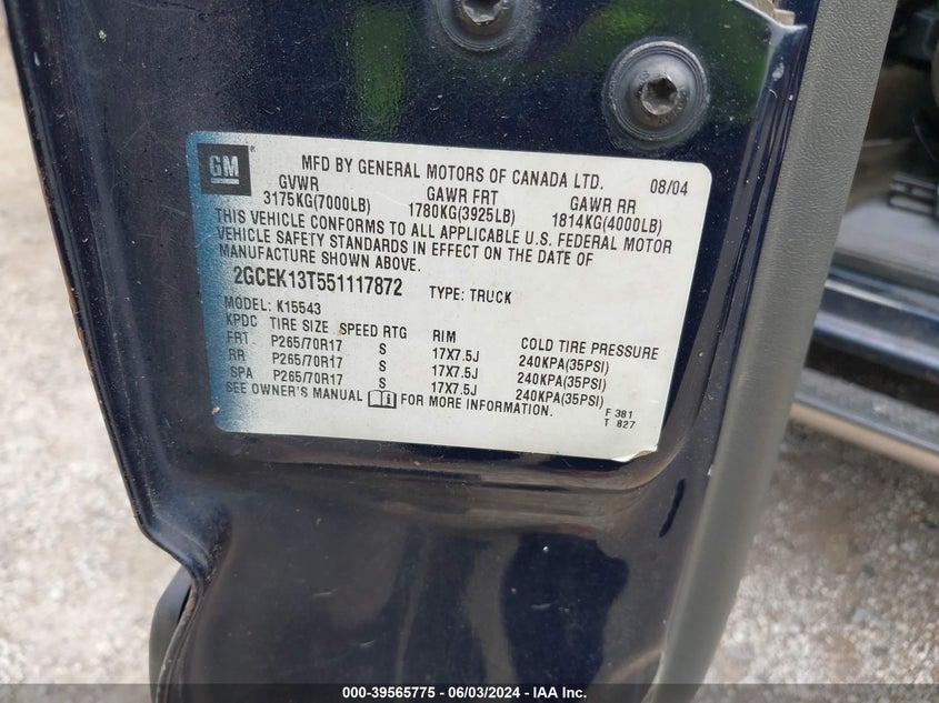2005 Chevrolet Silverado 1500 Ls VIN: 2GCEK13T551117872 Lot: 39565775