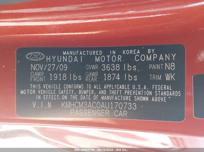 2010 Hyundai Accent Gs VIN: KMHCM3AC0AU170733 Lot: 39565780