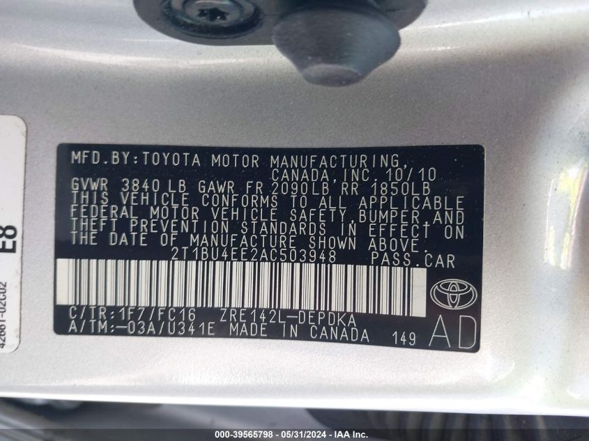 2010 Toyota Corolla Le VIN: 2T1BU4EE2AC503948 Lot: 39565798