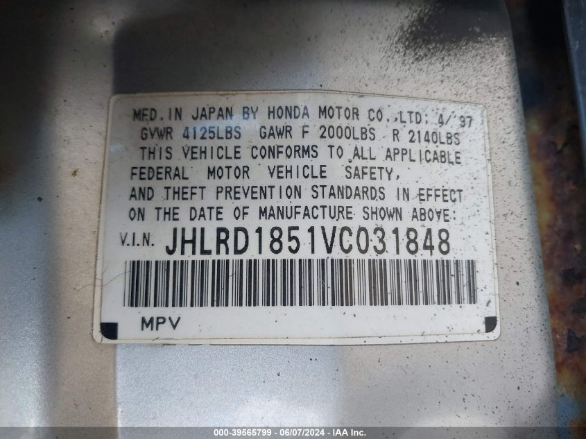 1997 Honda Cr-V VIN: JHLRD1851VC031848 Lot: 39565799