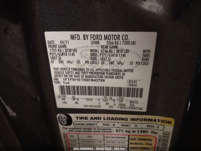 2011 Ford F-150 Xlt VIN: 1FTFW1ET5BFB43799 Lot: 39565804