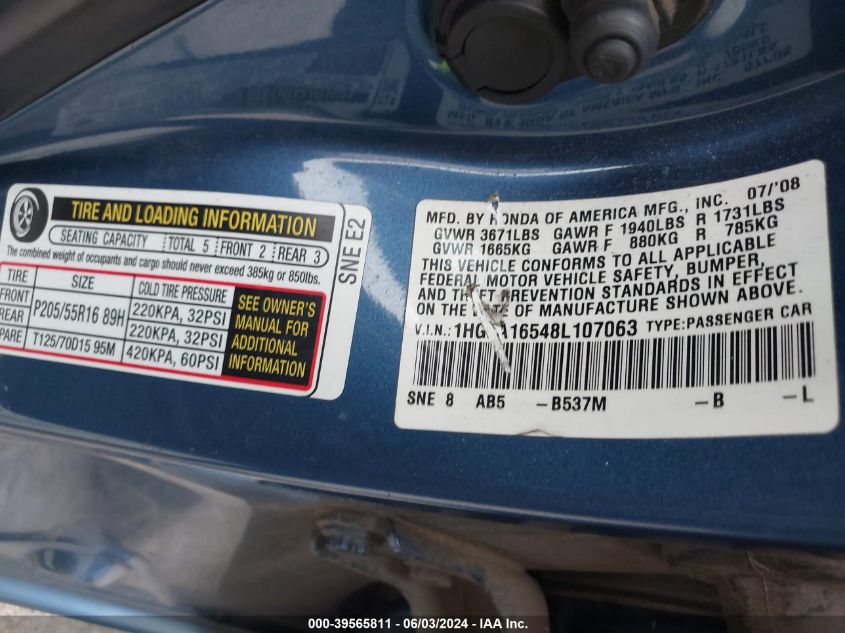 2008 Honda Civic Lx VIN: 1HGFA16548L107063 Lot: 39565811