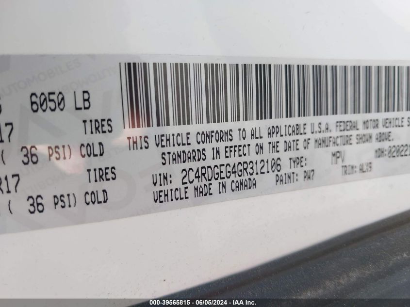 2016 Dodge Grand Caravan R/T VIN: 2C4RDGEG4GR312106 Lot: 39565815