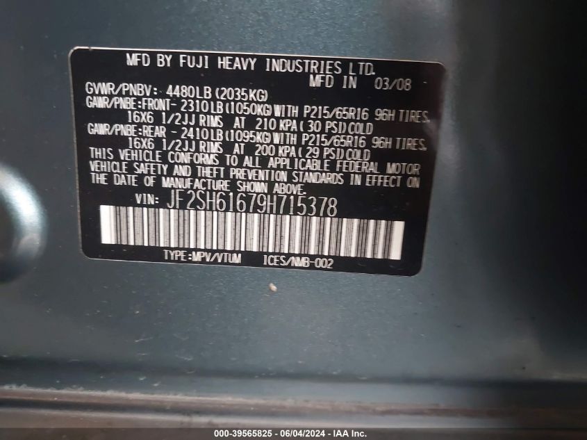 2009 Subaru Forester 2.5X VIN: JF2SH61679H715378 Lot: 39565825