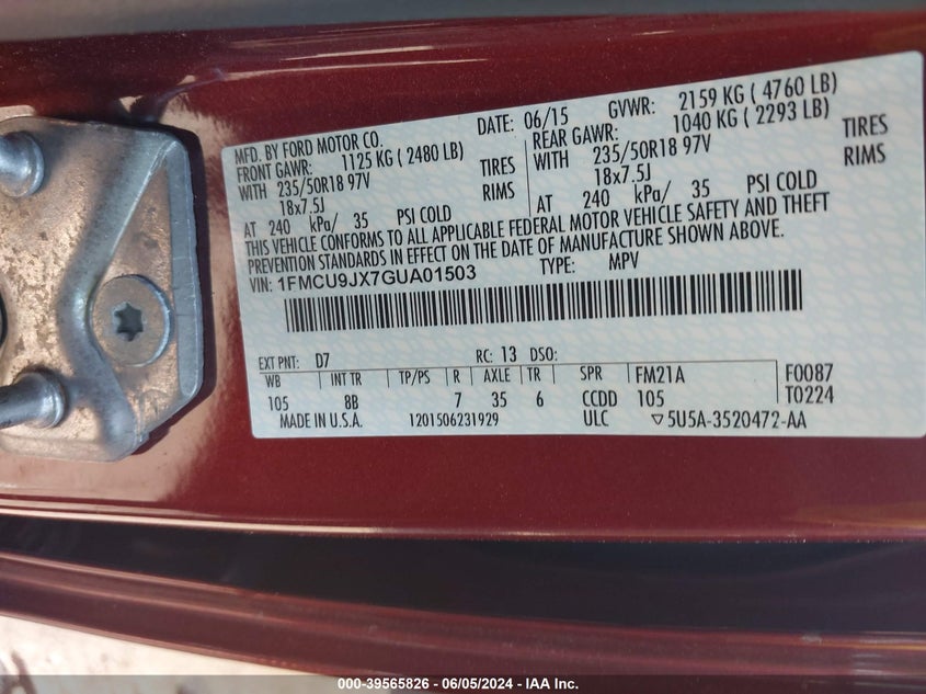 2016 Ford Escape Titanium VIN: 1FMCU9JX7GUA01503 Lot: 39565826