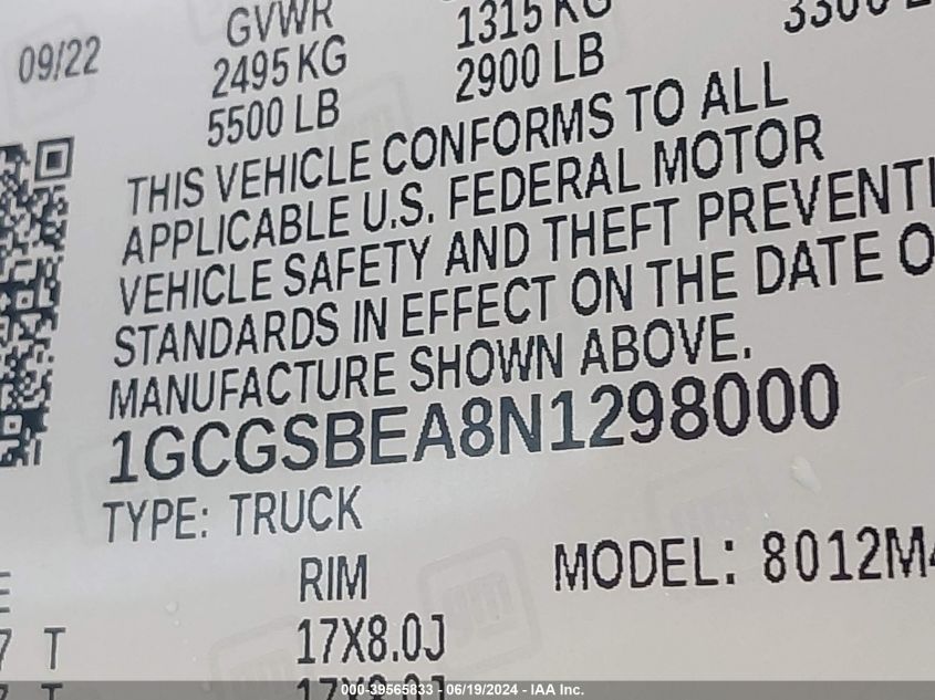 2022 Chevrolet Colorado 2Wd Short Box Wt VIN: 1GCGSBEA8N1298000 Lot: 39565833