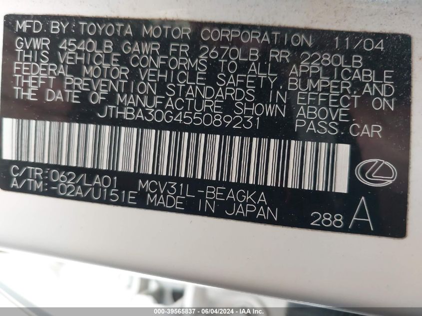 2005 Lexus Es 330 VIN: JTHBA30G455089231 Lot: 39565837