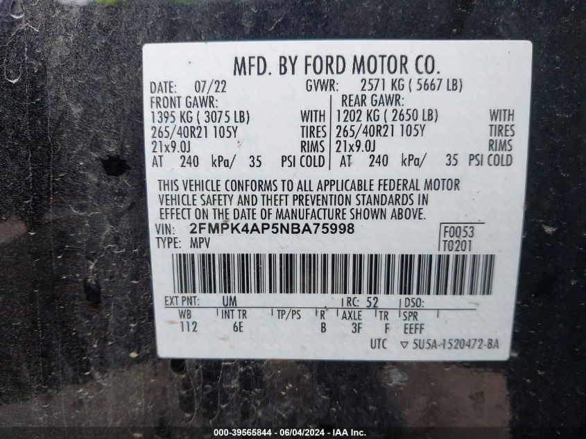 2022 Ford Edge St VIN: 2FMPK4AP5NBA75998 Lot: 39565844