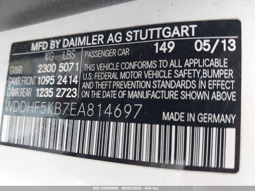 2014 Mercedes-Benz E 350 VIN: WDDHF5KB7EA814697 Lot: 39565856