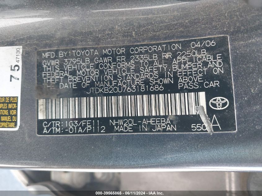 2006 Toyota Prius VIN: JTDKB20U763181686 Lot: 39565865
