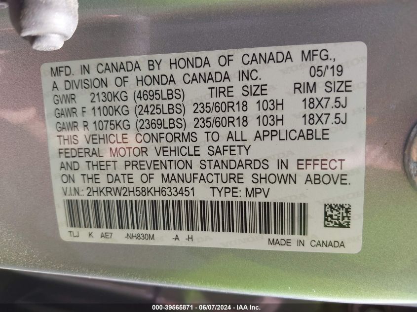 2019 Honda Cr-V Ex VIN: 2HKRW2H58KH633451 Lot: 39565871