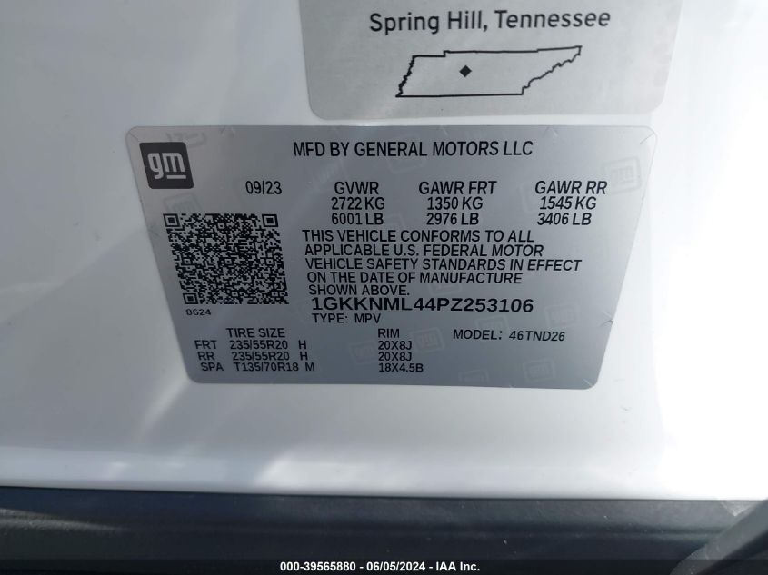 2023 GMC Acadia Fwd Slt VIN: 1GKKNML44PZ253106 Lot: 39565880