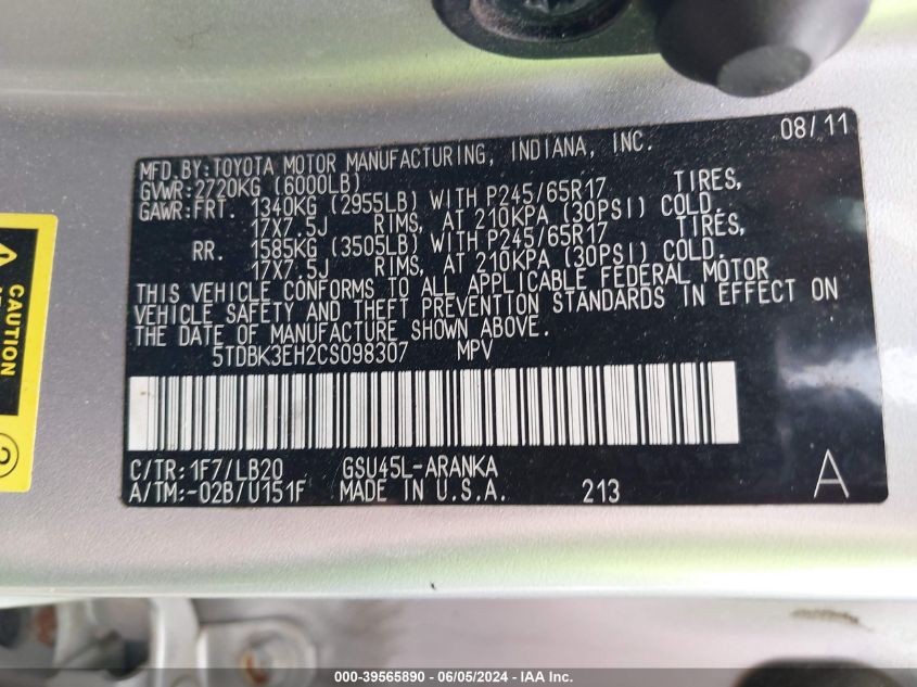 2012 Toyota Highlander Se V6 VIN: 5TDBK3EH2CS098307 Lot: 39565890