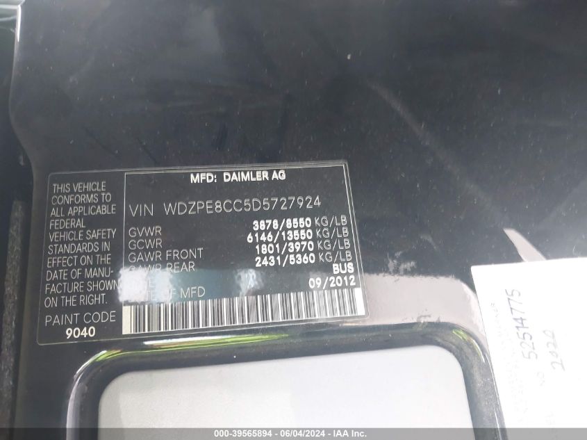 2013 Mercedes-Benz Sprinter 2500 High Roof VIN: WDZPE8CC5D5727924 Lot: 39565894