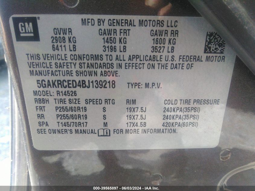 2011 Buick Enclave 2Xl VIN: 5GAKRCED4BJ139218 Lot: 39565897