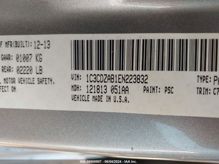 2014 Dodge Avenger Se VIN: 1C3CDZAB1EN223832 Lot: 39565907