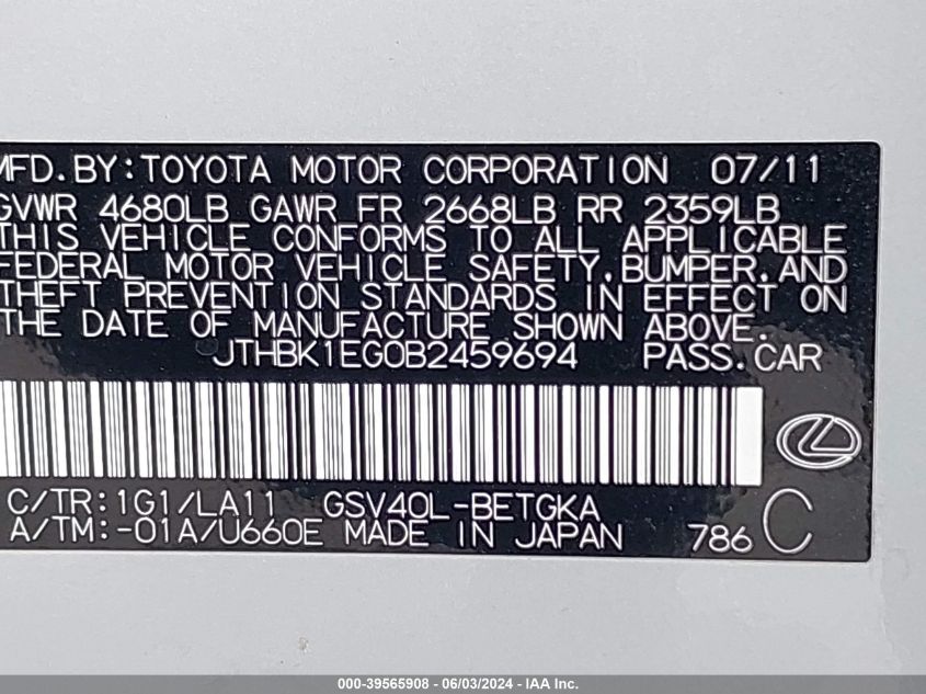 2011 Lexus Es 350 VIN: JTHBK1EG0B2459694 Lot: 39565908