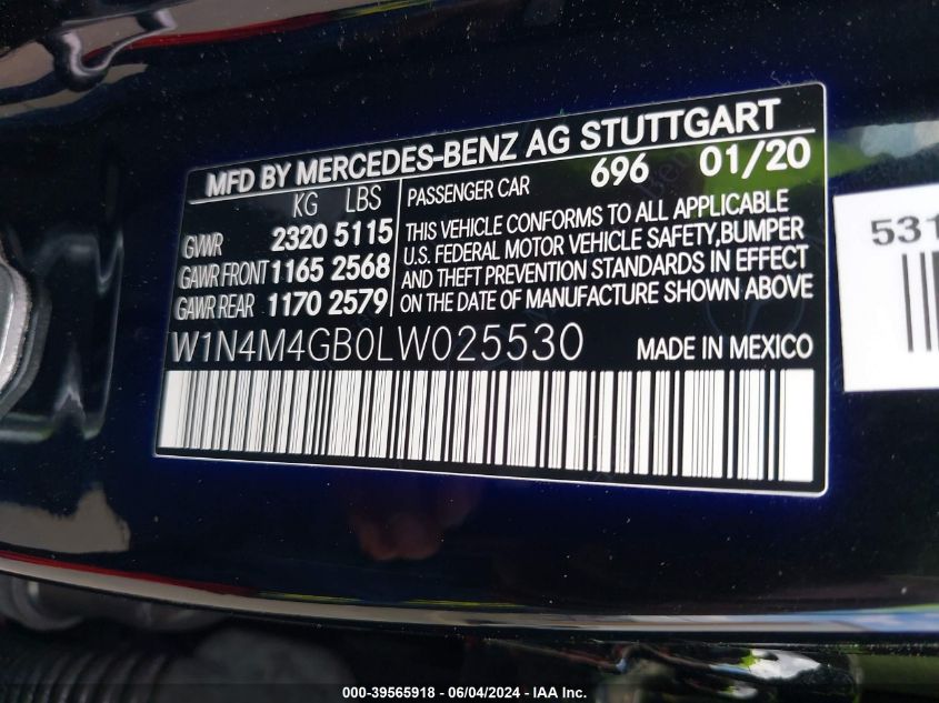 W1N4M4GB0LW025530 2020 Mercedes-Benz Glb 250