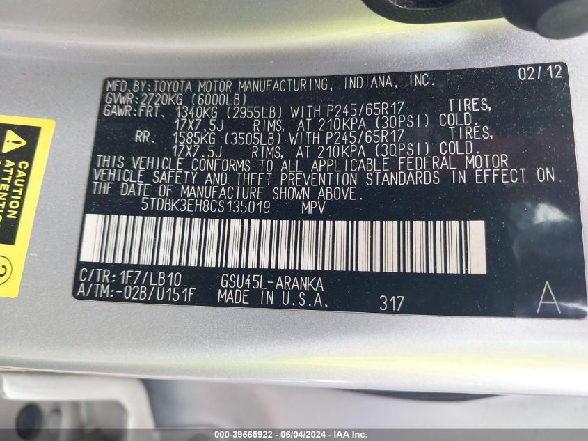 2012 Toyota Highlander Se V6 VIN: 5TDBK3EH8CS135019 Lot: 39565922