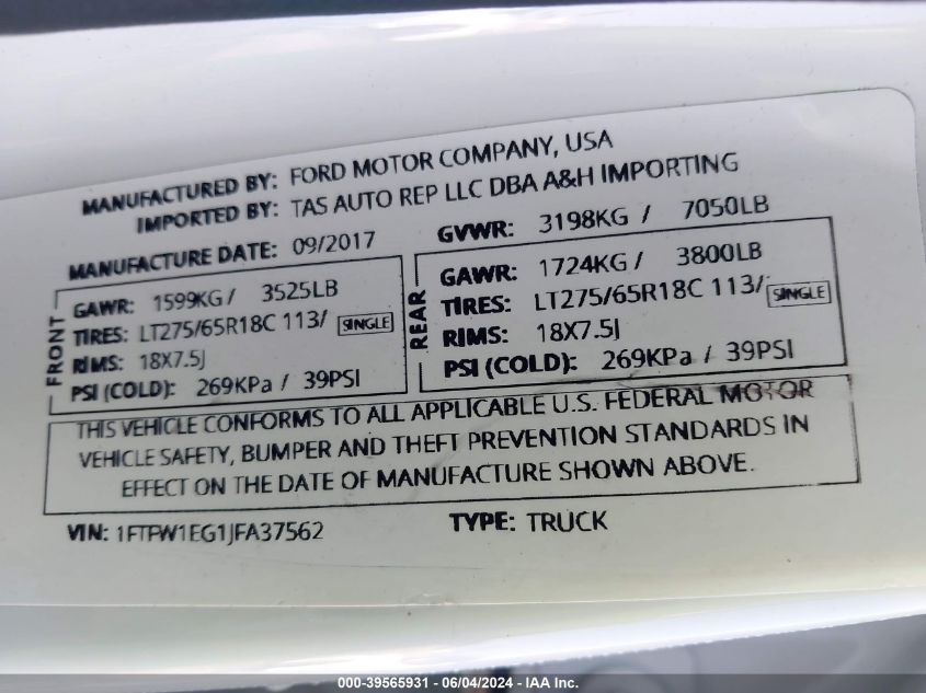 2018 Ford F-150 Xlt VIN: 1FTFW1EG1JFA37562 Lot: 39565931