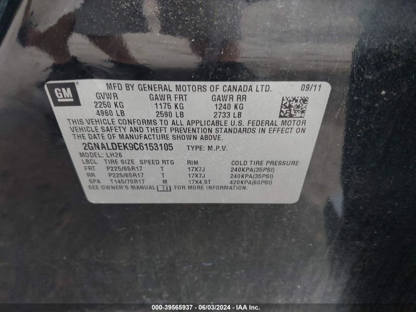 2012 Chevrolet Equinox 1Lt VIN: 2GNALDEK9C6153105 Lot: 39565937