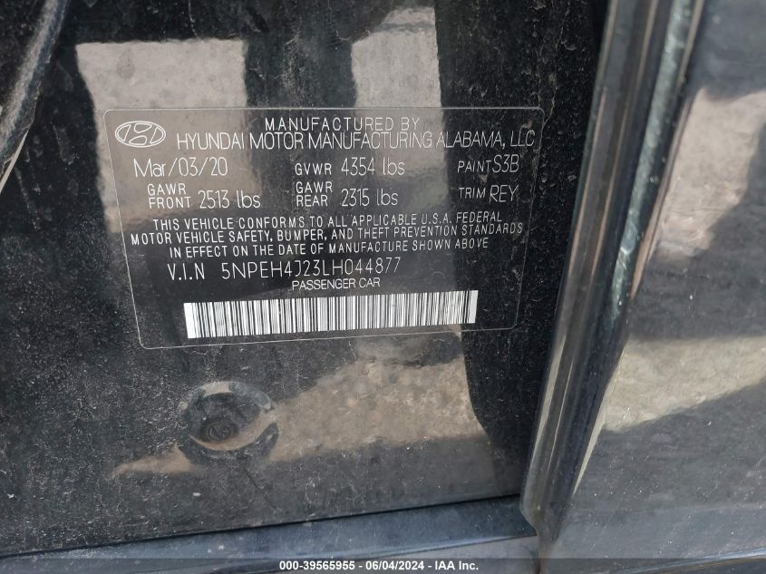 2020 Hyundai Sonata Limited VIN: 5NPEH4J23LH044877 Lot: 39565955