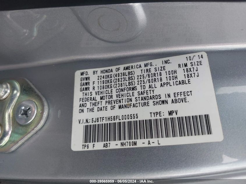 2015 Honda Crosstour Exl VIN: 5J6TF1H56FL000555 Lot: 39565959