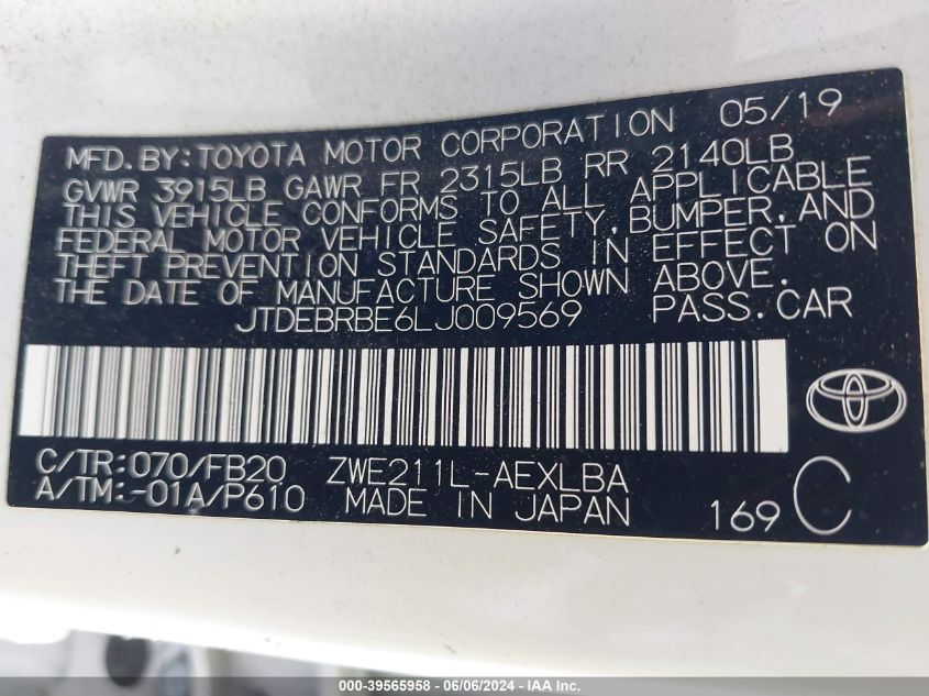 2020 Toyota Corolla Hybrid Le VIN: JTDEBRBE6LJ009569 Lot: 39565958