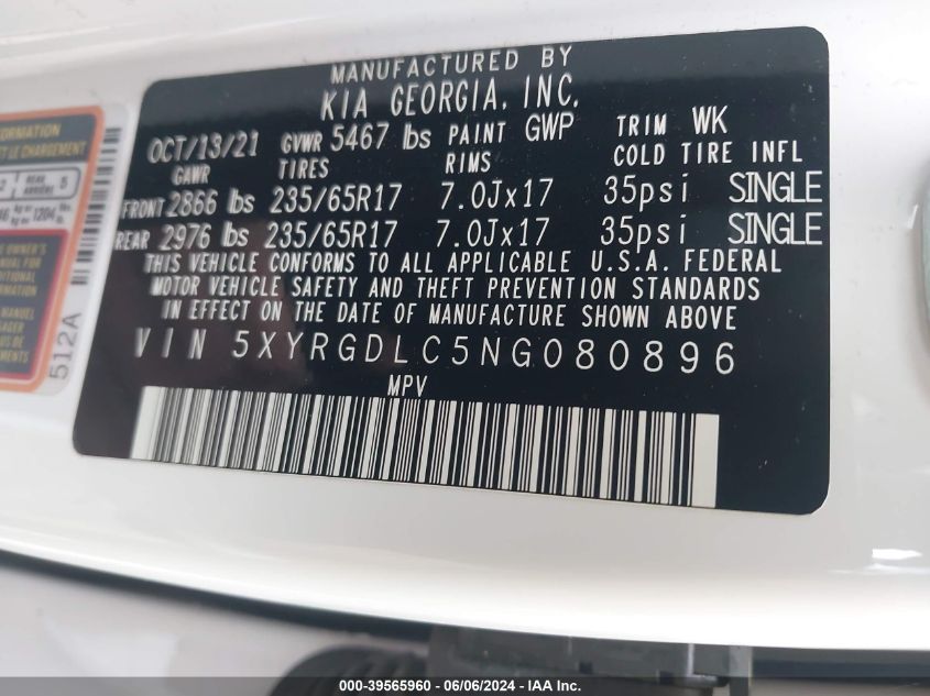 2022 Kia Sorento Lx VIN: 5XYRGDLC5NG080896 Lot: 39565960