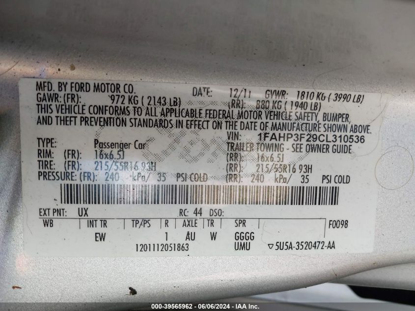 2012 Ford Focus Se VIN: 1FAHP3F29CL310536 Lot: 39565962