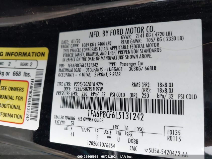 2020 Ford Mustang Gt Premium Fastback VIN: 1FA6P8CF6L5131242 Lot: 39565969