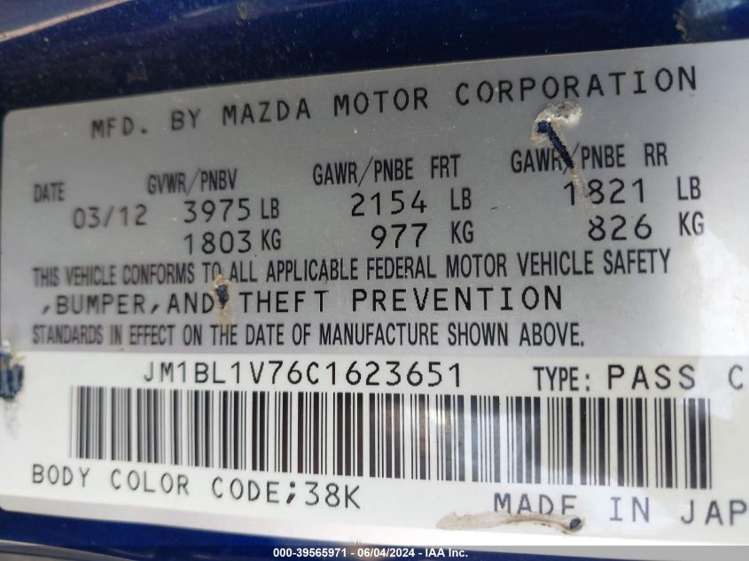 2012 Mazda Mazda3 I Touring VIN: JM1BL1V76C1623651 Lot: 39565971