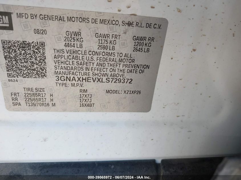 2020 Chevrolet Equinox Fwd Ls VIN: 3GNAXHEVXLS729372 Lot: 39565972