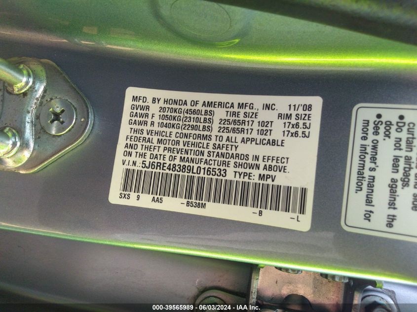 2009 Honda Cr-V Lx VIN: 5J6RE48389L016533 Lot: 39565989