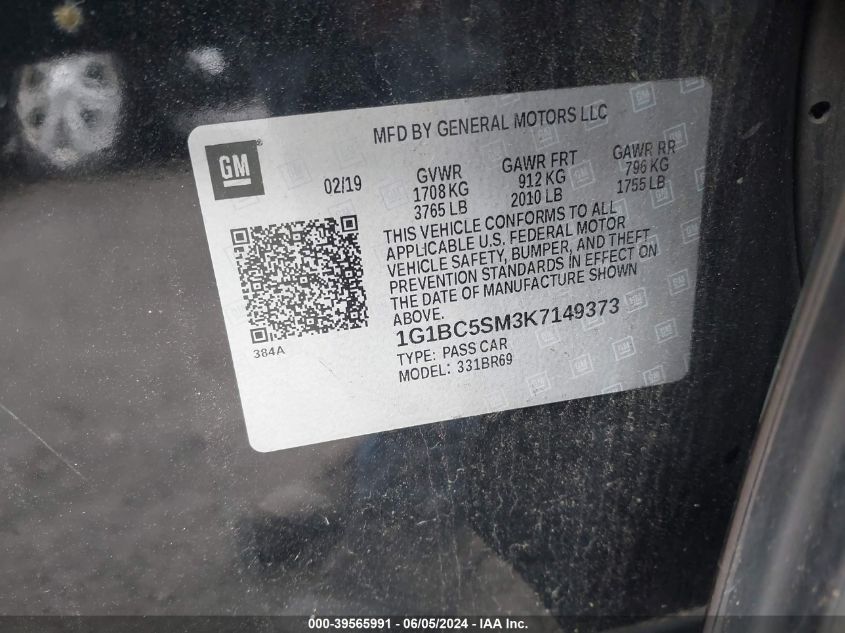 2019 Chevrolet Cruze Ls VIN: 1G1BC5SM3K7149373 Lot: 39565991