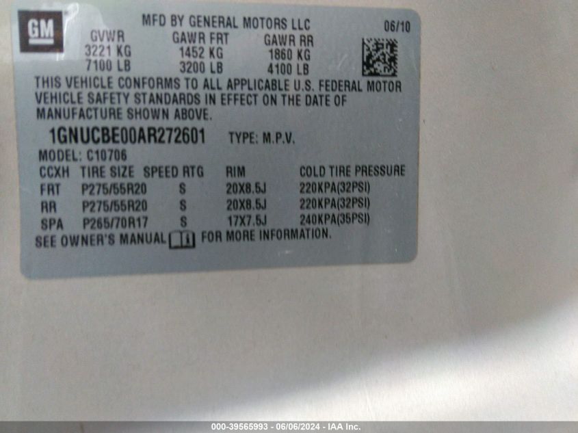 2010 Chevrolet Tahoe Lt VIN: 1GNUCBE00AR272601 Lot: 39565993