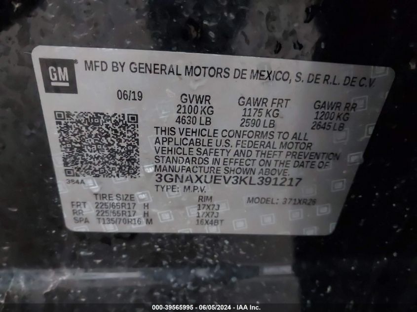 2019 Chevrolet Equinox Lt VIN: 3GNAXUEV3KL391217 Lot: 39565995